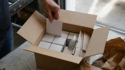 Un colis de produits de soin contient un testeur, un support de comptoir et un feuillet.