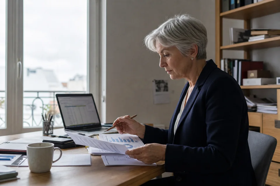 Une dirigeante compare des rapports imprimés et des notes sur un bureau éclairé par une fenêtre.