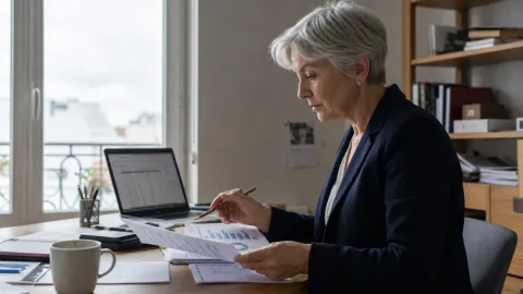 Une dirigeante compare des rapports imprimés et des notes sur un bureau éclairé par une fenêtre.