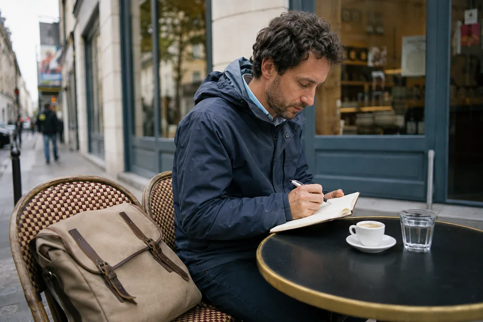 Un commercial prend des notes dans un carnet à une terrasse, avec sa sacoche posée à côté de lui.