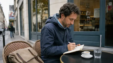 Un commercial prend des notes dans un carnet à une terrasse, avec sa sacoche posée à côté de lui.