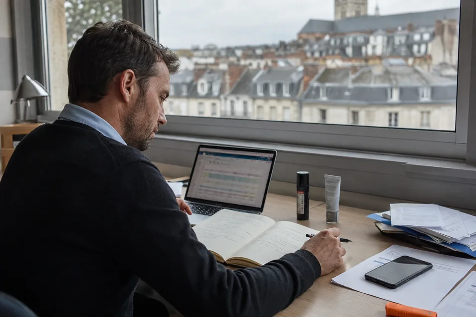 A sales manager looks through his visit notebook at his desk.