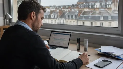 A sales manager looks through his visit notebook at his desk.