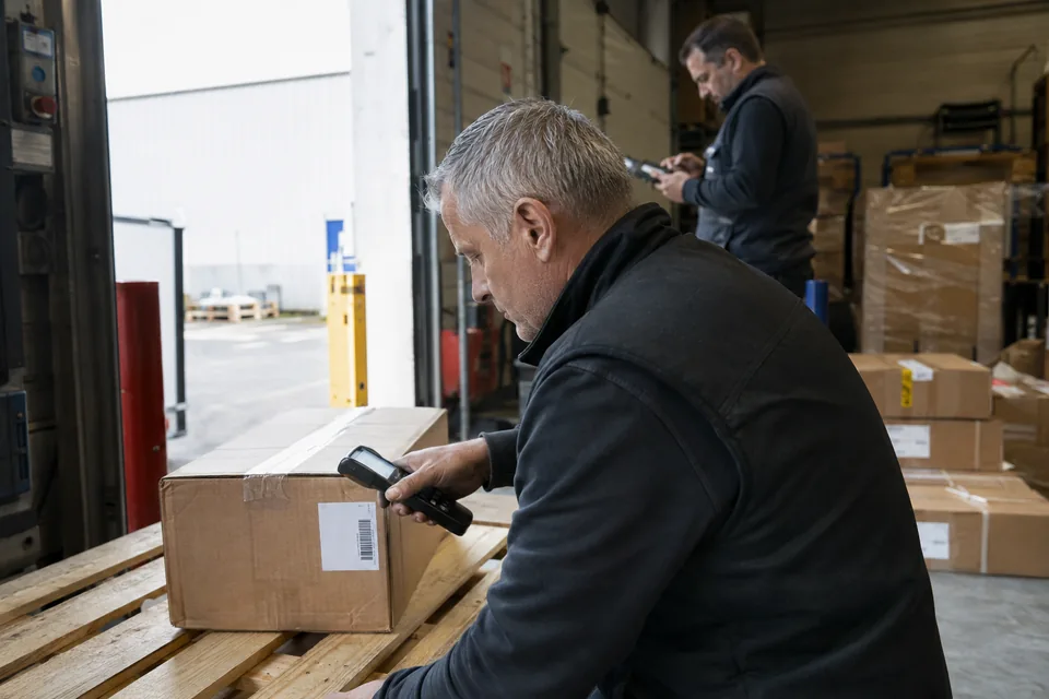 Un opérateur lit l’étiquette d’un carton avec un terminal près du quai d’un entrepôt.