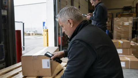 An operator reads the label on a case with a handheld terminal near a warehouse loading bay.