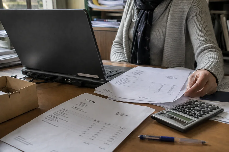 Invoicing paperwork, a calculator and a computer on a sales administration desk.