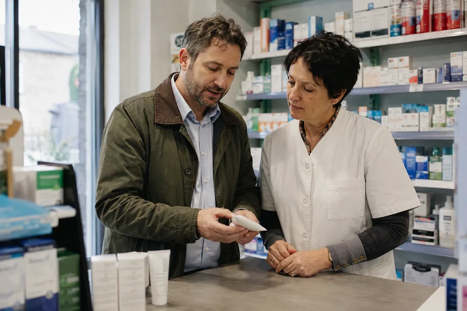 A sales rep shows a skincare sample to a pharmacist at the counter.