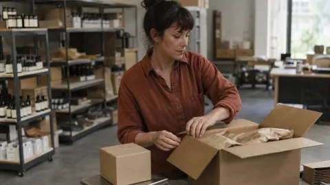 Une préparatrice emballe un colis sur une table d’entrepôt, près d’une balance et d’un petit carton.