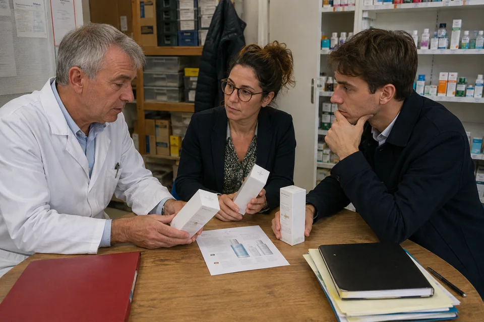 Trois professionnels examinent des échantillons et un dossier autour d’une table, dans une pharmacie.