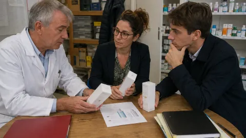 Trois professionnels examinent des échantillons et un dossier autour d’une table, dans une pharmacie.