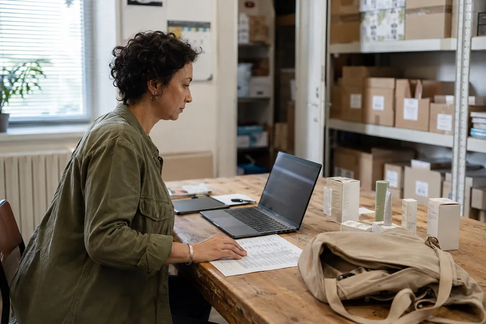 Une commerciale prépare sa visite sur un ordinateur, avec une fiche client, des échantillons et sa sacoche sur une table de travail.