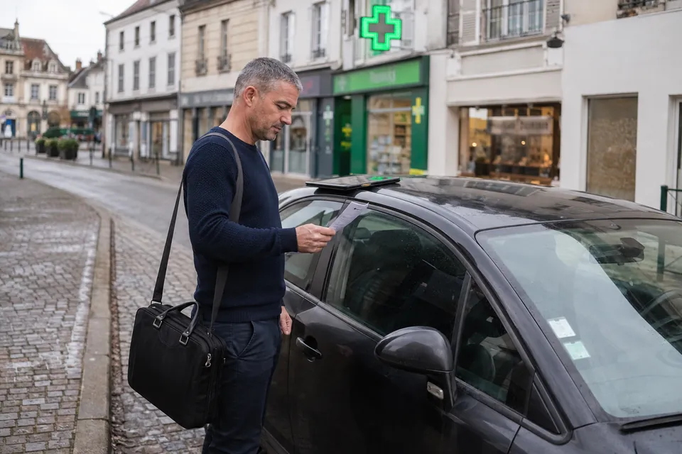Un commercial consulte sa feuille de rendez-vous près de sa voiture stationnée, devant une pharmacie de centre-ville.