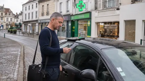 Un commercial consulte sa feuille de rendez-vous près de sa voiture stationnée, devant une pharmacie de centre-ville.