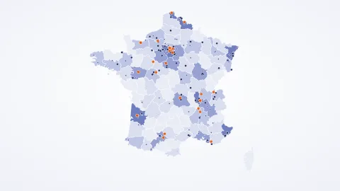 Map of France showing the head offices of pharmaceutical labs: each dot is a lab, departments with more labs in a deeper blue.