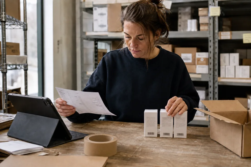 A picker checks products and an order document on a dispatch bench.