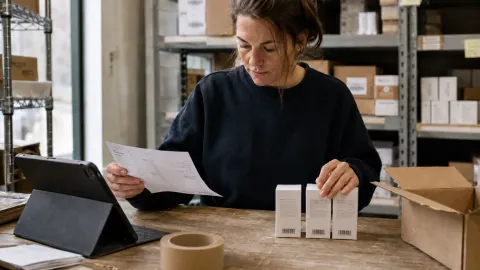 Un préparateur vérifie des produits et un document de commande sur une table d'expédition.