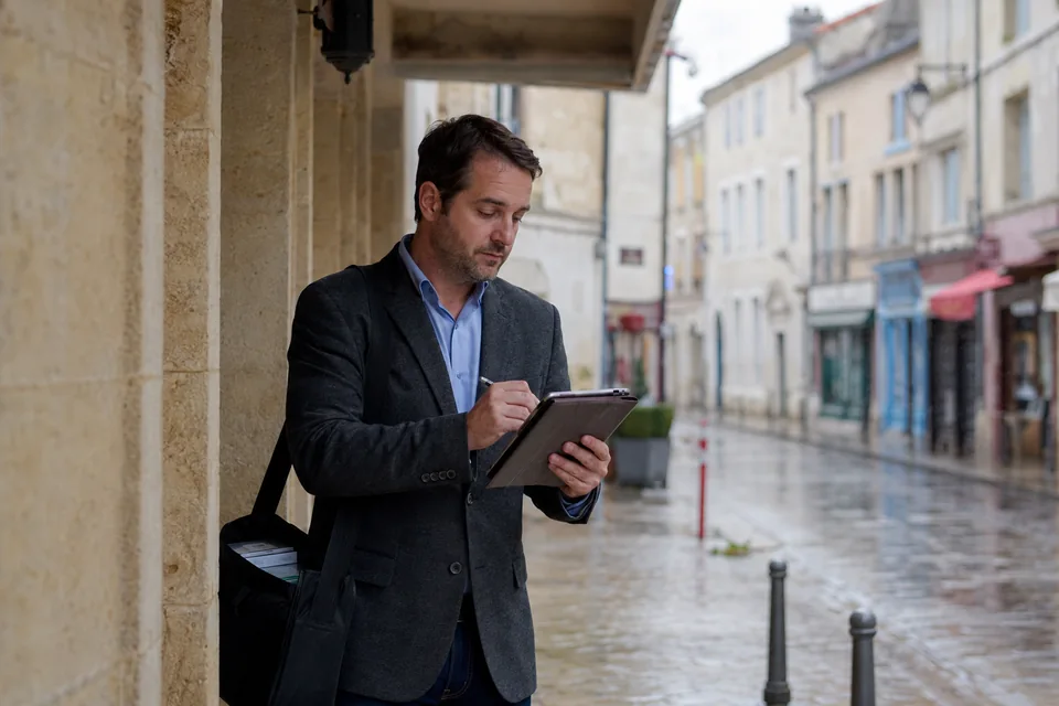 A sales rep records his visit on a tablet, sheltering under an awning.