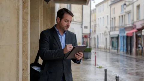 A sales rep records his visit on a tablet, sheltering under an awning.