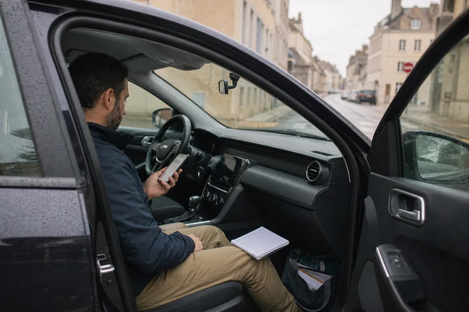 A sales rep checks his phone in a parked car, with a notebook beside him.