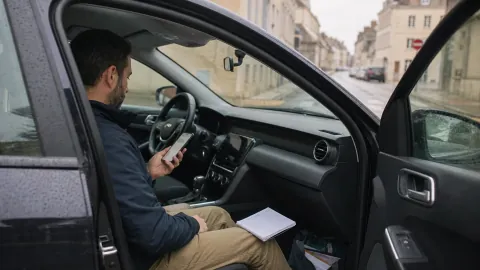 Un commercial consulte son téléphone dans une voiture à l'arrêt, carnet posé à côté.