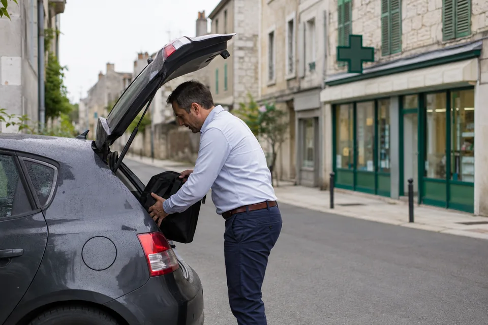 A sales rep puts his sample bag into his car outside a pharmacy.