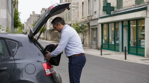 Un commercial range sa sacoche d'échantillons dans sa voiture devant une pharmacie.