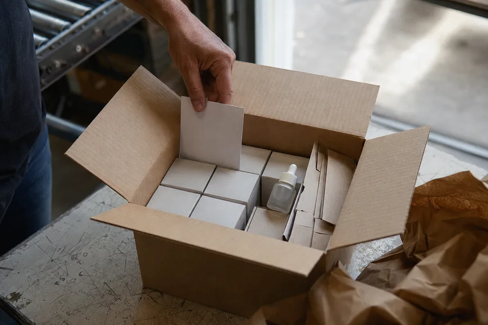 Un colis de produits de soin contient un testeur, un support de comptoir et un feuillet.