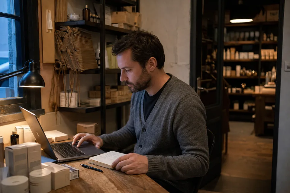 A sales rep checks his notebook beside a laptop in the back office of a cosmetics shop.
