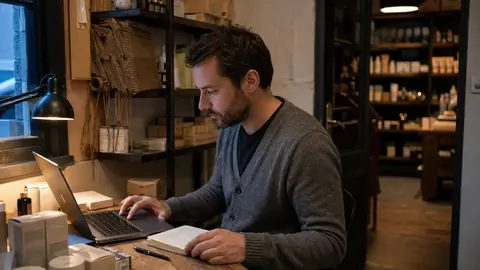 A sales rep checks his notebook beside a laptop in the back office of a cosmetics shop.