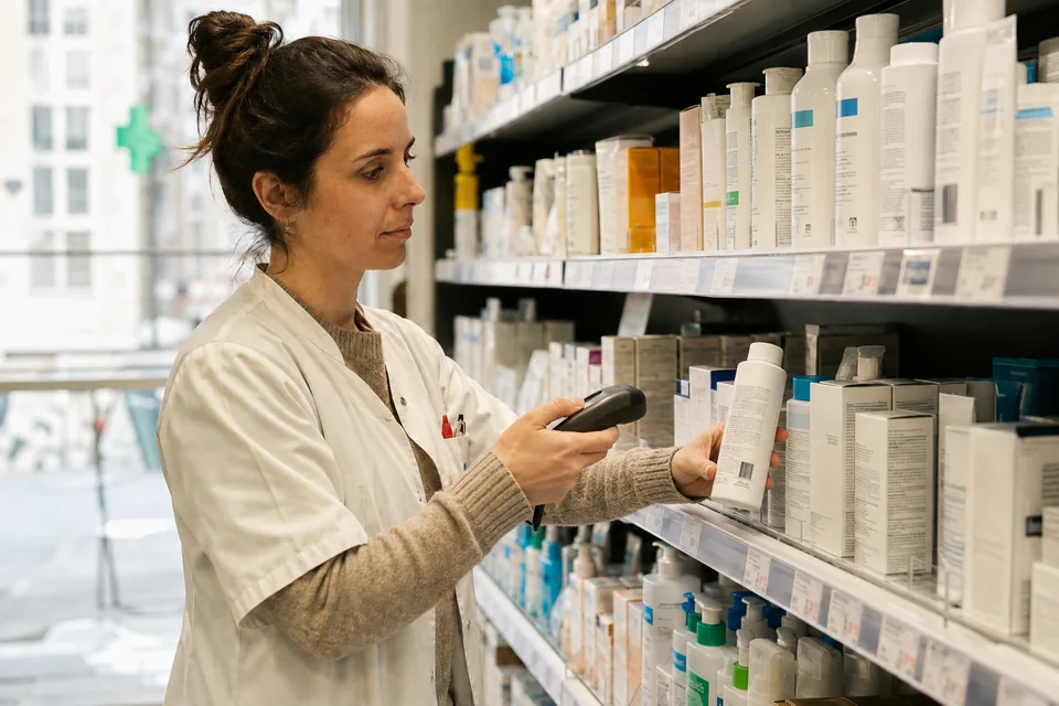 A pharmacist checks the products on a shelf with a barcode scanner.