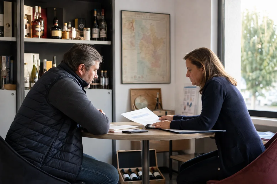 A sales rep and a brand manager go through a contract in an office.