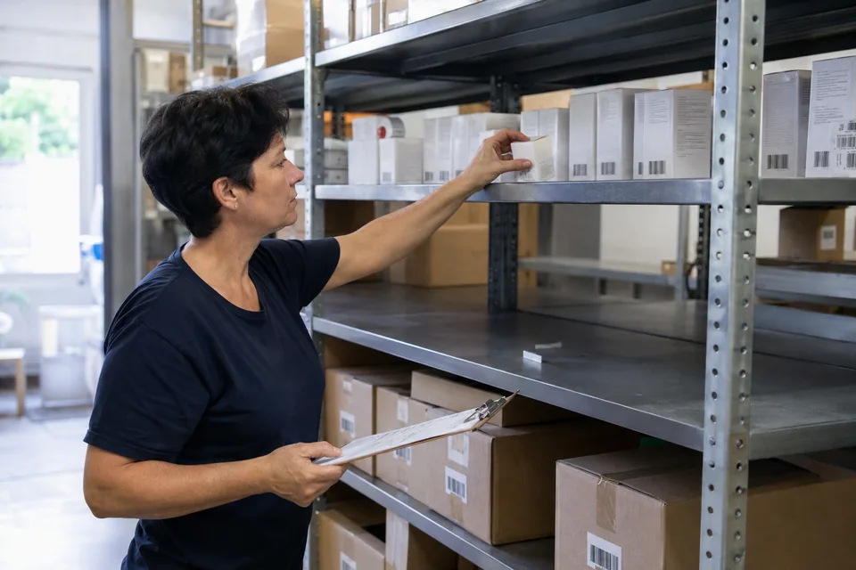 Une responsable de stock contrôle des boîtes sur un rayonnage avec une feuille d’inventaire.