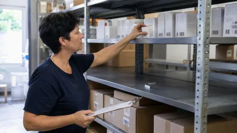 Une responsable de stock contrôle des boîtes sur un rayonnage avec une feuille d’inventaire.